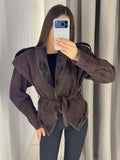 Women Brown Faux Fur Trim Suede Jacket Tie Belt Lapel Collar Long Sleeve Casual Chic Fall Winter Lady Commute Warm Outerwear New