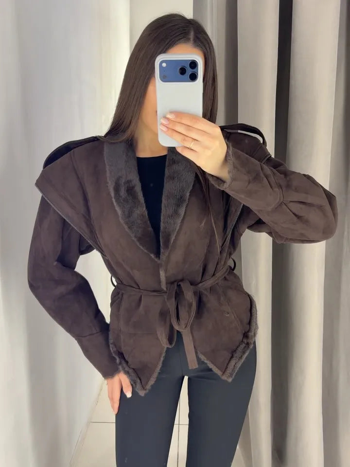 Women Brown Faux Fur Trim Suede Jacket Tie Belt Lapel Collar Long Sleeve Casual Chic Fall Winter Lady Commute Warm Outerwear New