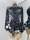 Luxury Sequins Long Sleeve Mini Dress Women Sexy Spandex Performance Dance Costume Party Celebrate Night Club Stage Outfit
