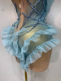 Women Sexy Strapless Sky Blue Diamonds Mesh Mini Dress Luxury Birthday Evening Party Costume Bar Nightclub Singer Stage Outfit