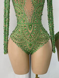 Sparkly Rhinestones Luxury Women Strecht Bodycon Sexy Long Sleeves Singer Performance Stage Nightclub Outfit Dancer Costume
