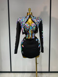 Women Long Sleeve Sequin Mini Bodycon Three Piece Set Birthday Evening Party Costume Bar Nightclub Performance Stage Outfit