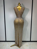 Sparkly Gold Rhinestone Sleeveless Stretch Long Dress Women Sexy Mesh Celebrate Evening Prom Birthday Dress Photo Shoot Wear