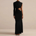 Cowl Neck Maxi Evening Dress for Women One Long Sleeve Cutout Waist Backless Cape Sleeve for Formal Party Bodycon Solid Gown