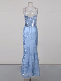 Hot Girl Blue Maxi Dresses for Women Square Collar Sleeveless Patchwork Embroidery Party Fishtail Dress Female New