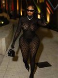 Coquette Backless Jumpsuit Women Sexy Jacquard See Through Turtleneck Full Sleeve Stretch Midnight Club Streewear