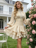 Cream Victorian-inspired Short Dress Women Chic Puff Sleeve Ruched Tiered Waist Cinching Party Dresses 2026 Lady Trendy Vestidos