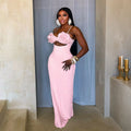 Women Summer Sleeveless V-neck Ruched Flowers Hollow Out Bodycon Long Dresses Sexy Solid Birthday Evening Party Vestidos