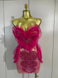 Sexy Strapless Mesh See-Through Mini Dress Women Eveing Party Sparkly Rhinestone Birthday Singer DJ Nightclub Bar Stage Costume