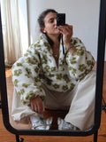 Fashion Floral Faux Lambswool Sweatshirt Women's Casual Zipper Pocket Loose Pullover Sweatshirt Autumn Festive Clothing