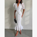 White Pink Floral Choker Neck Dress Women Elegant V-neck 3/4 Sleeves Peplum Ruffle Hem Long Dresses 2026 Lady Daily Vestidos New