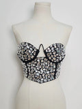 New Ladies Sparkling Luxury Crystal Backless Strapless Crop Top Diamond High Waisted Skirt Empire Shorts Women Set