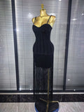 4 Colors Women Sexy Strap Shining Beading Long Tassles Bodycon Long Bandage Dress Elegant Evening Party Celebrate Birthday Wear