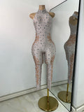 Women Sexy Spandex Rhinestones Sleeveless Tight Jumpsuit Celebrate Birthday Evening Club Rompers Photo Shoot Wear