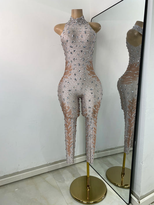 Women Sexy Spandex Rhinestones Sleeveless Tight Jumpsuit Celebrate Birthday Evening Club Rompers Photo Shoot Wear
