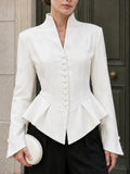 Elegant Folds Women Jackets Stand Collar Long Sleeve Single Breasted Fitted Jacket for Office Business Wear Fashion