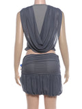 Sexy Fashion 2 Piece Set Woman Ruched Swing Collar Backless Crop Tops+Beads Decoration Mini Skirts Elegant Outfits