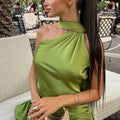 Solid Slimming Chic Dresses for Women Shawl Collar Sleeveless Off Shoulder High Waist  Long Dress Female