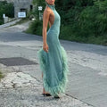 Solid Slim Backless Dresses For Women Round Neck Sleeveless High Waist Spliced Feather Irregular Dress Female New