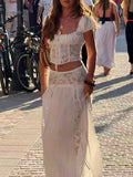 Beach Holiday Skirt Suit for Women Folds Tube Top High Waist Spliced Lace Long Skirt White Two Piece Set Female New