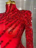 Black Red Women Sexy One Shoulder Shinning Crystal Sequins Tassels Bodycon Mid-calf Dress Nightclub Party Bar Dancer Costumes