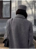 Grey Double-Breasted Long Coat with Notched Lapels