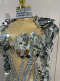 Sexy Sparkly Silver Rhinestones Sequins Mesh Stretch Bodysuit Eveing Birthday Party Nightclub Bar Singer Dancer DJ Stage Costume