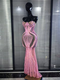 Luxury Pink Sparkly Squined Mermaid Dress Strapless Mesh See Transparent Birthday Party Outfit Celebrate Show Designer Vestidos