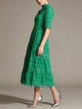 Wedding Guest Green Lace High Neck Midi Dress for Half Sleeve Women Cutout Texture Tiered Hem Flowy Skirt for Afternoon Tea