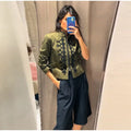 Women Woven Patchwork Napoleon Jacket Shoulder Pad Long Sleeve Hook Closure Street Blazer 2026 Spring Chic Casual Edgy Crop Coat