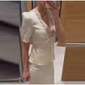 Sexy V-neck Lace Patchwork Solid Top Women Short Sleeve Single Breasted Lace Up Loose Tops Female Spring Chic Casual Streetwear
