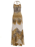 Sexy Fashion Long Dress Woman Leopard Print Lace-Up Halter Backless Sleeveless Shape Waist Ruffles Elegant Vestidos