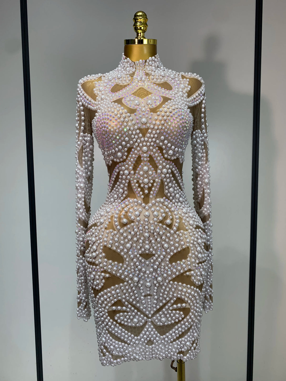 High Quality Women Sexy Rhinestone Pearl Mesh Transparent Dress Birthday Celebrate Dress Evening Party Dance Performance Costume