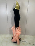 Women Black Bodycon Mermaid Bandage Long Dresses With Pink Ruffles Sexy V Neck Birthday Party Prom Gown Celebrities Eveing Dress