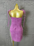 High Quality Women Sexy Strap Purple Cotton Bodycon Mini Dress Diamond Chain Fashion Celebrate Cute Birthday Dress