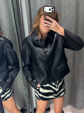 Women Round Neck Zebra Striped Zip‑Up Jacket Long Sleeve Zebra Print Cropped Faux Leather Loose Casual Streetwear Outerwear Coat