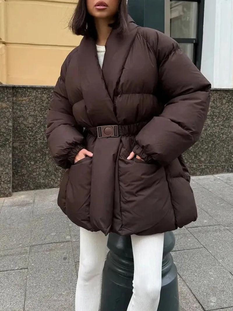 Solid Casual Basics Down Jacket for Women V Neck Long Sleeve Tunic Patchwork Sashes Slimming Elegant Coat Female