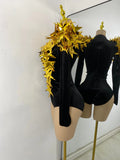 Women Sexy Sparkly Crystals 3D Sequined Stars Velvet Long Sleeve Bodysuit Nightclub Performance Dance Costume Singer Stage Wear