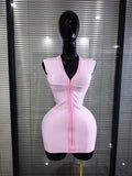 3 Colors Women Sleeveless Sexy V-Neck Front Zipper Bodycon Mini Bandage Dress Celebrate Birthday Party Cocktail Outfit