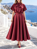 Satin Two Piece Sets for Women Bow Tie Mock Neck Blouse High Waist Flared A‑Line Maxi Skirt for Formal Banquet Party Wear