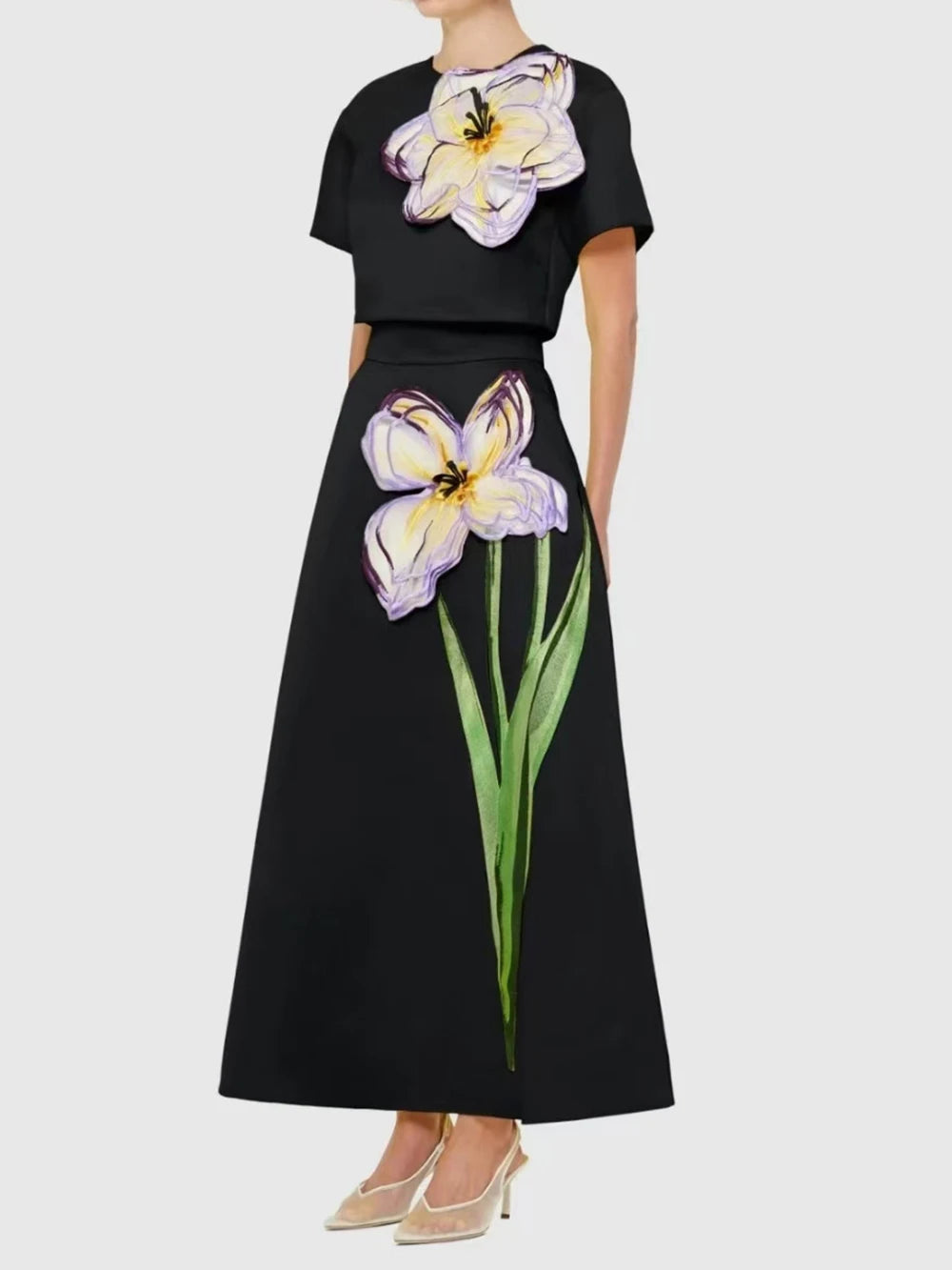 Summer Splicing Flowers Two Piece Sets For Women Short Sleeve Tops High Waist A Line Skirt Slim Set Female Fashion New