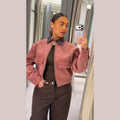 Women's Dusty Pink Corduroy Jacket Fashion Faux Leather Collar Long Sleeve Zipper Cropped Coat Lady 2026 Spring Chic Streetwear