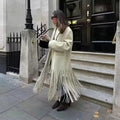 Beige Woolen Lapel Collar Fringe Hem Oversized Long Coats Chic Long Sleeve Warm Jackets Winter Daily Street Lady Outerwear 2026