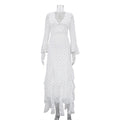 White Pink Floral Choker Neck Dress Women Elegant V-neck 3/4 Sleeves Peplum Ruffle Hem Long Dresses 2026 Lady Daily Vestidos New