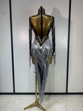 Sparkly Rhinestones Sequins Fringes Birthday Celebrate Evening Dress Women Sexy Mesh Transparent Dance Costume Photo Shoot Wear