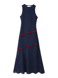 Elegant Spliced Sheer Mesh Dress for Women O Neck Sleeveless High Waist Hit Color Slimming Evening Dresses Female