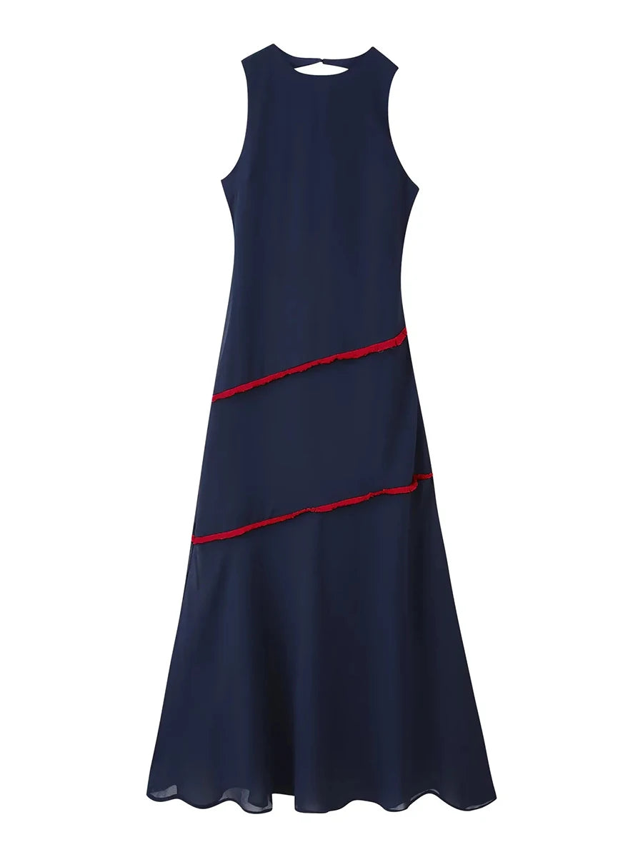 Elegant Spliced Sheer Mesh Dress for Women O Neck Sleeveless High Waist Hit Color Slimming Evening Dresses Female