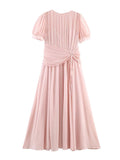 Art Exhibitions Pink Pleated Maxi Dress for Women Puff Sleeve Twist Waist Accent Pleated Bodice for Wedding Guest