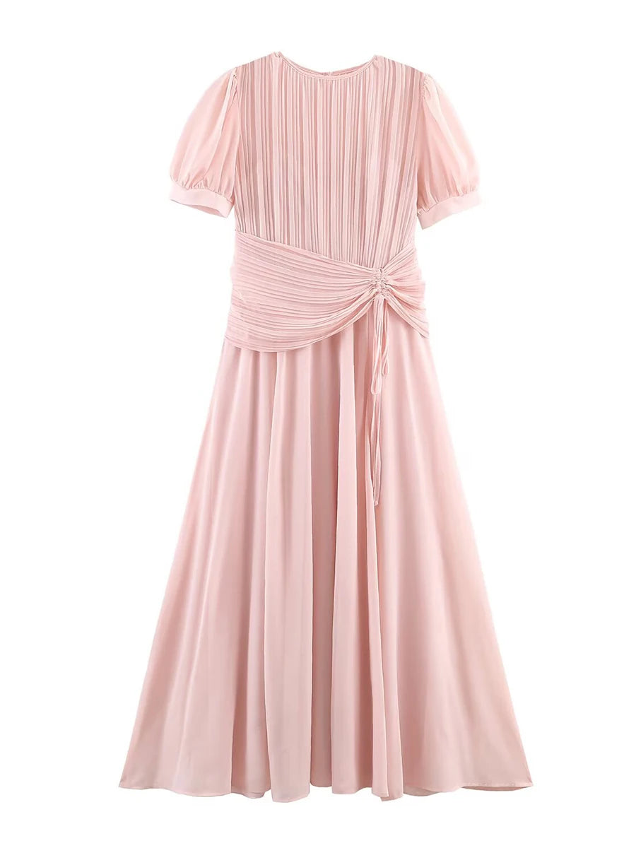 Art Exhibitions Pink Pleated Maxi Dress for Women Puff Sleeve Twist Waist Accent Pleated Bodice for Wedding Guest