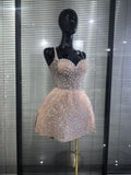 Luxury Women Sexy Strap Shining Rhinestones A-Line Mini Mesh Dress Cute Showgirl Performance Costumes TV Show Stage Wear